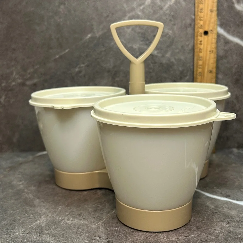 Vintage Tupperware Condiment Caddy 757-4 Almond White 3 Bowls Lids Handle Set